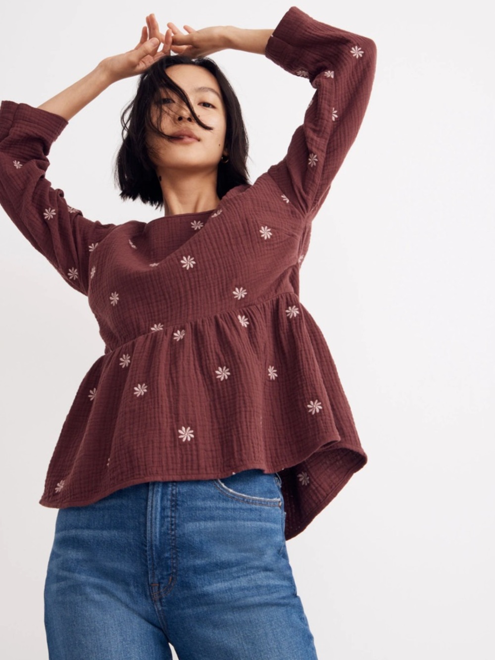 Madewell Embroidered Lightspun Peplum Open-Back Top